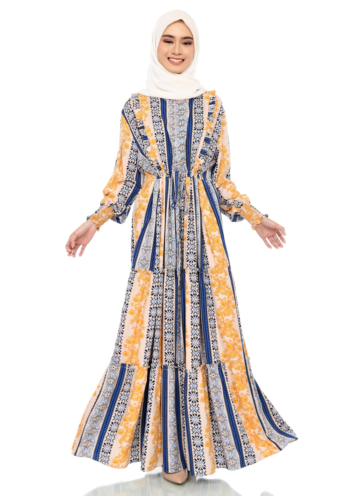 EPC Gamis Homedress Stephanie - Cream ( Floral Lemon ) ( FREE Masker )