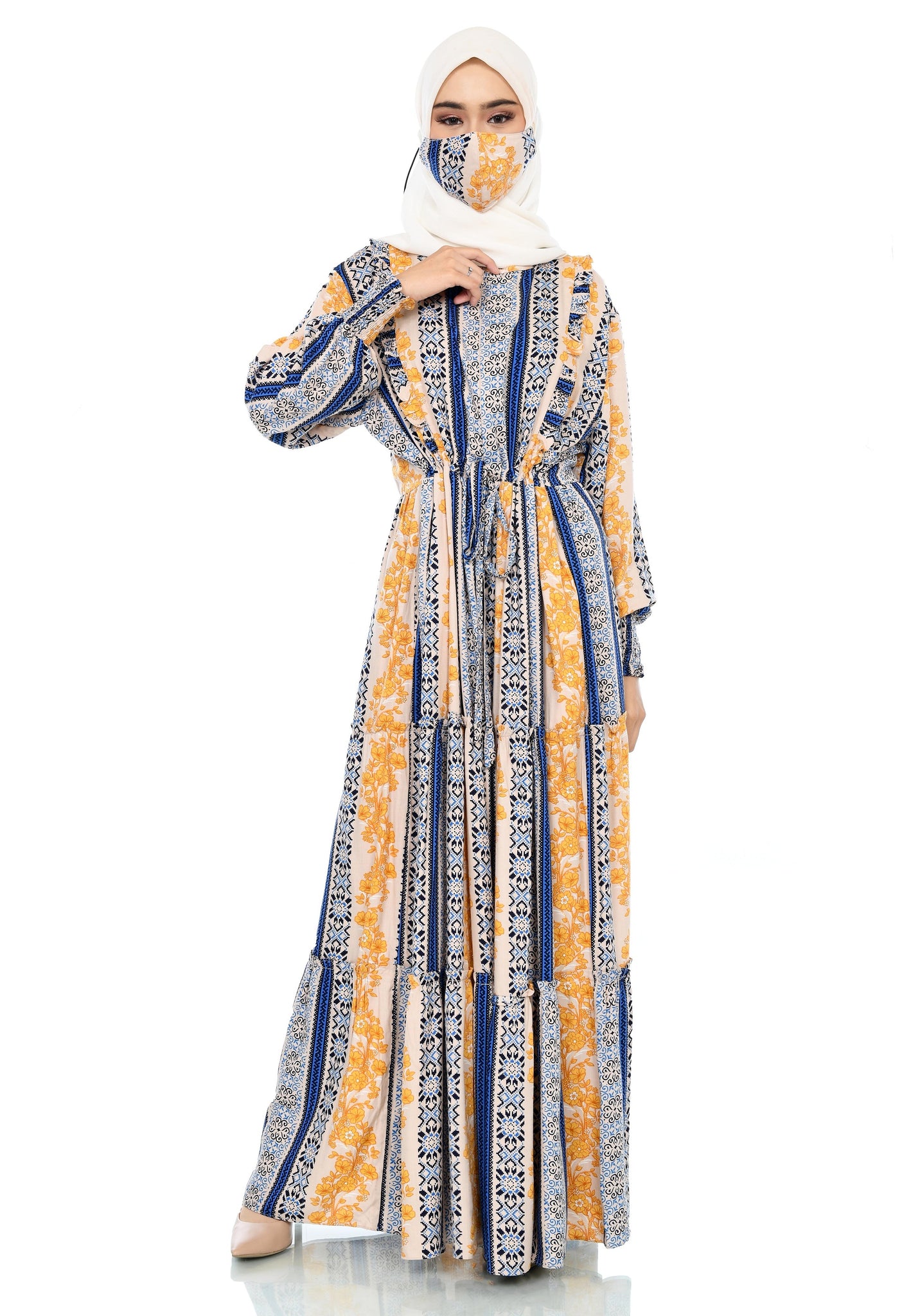 EPC Gamis Homedress Stephanie - Cream ( Floral Lemon ) ( FREE Masker )