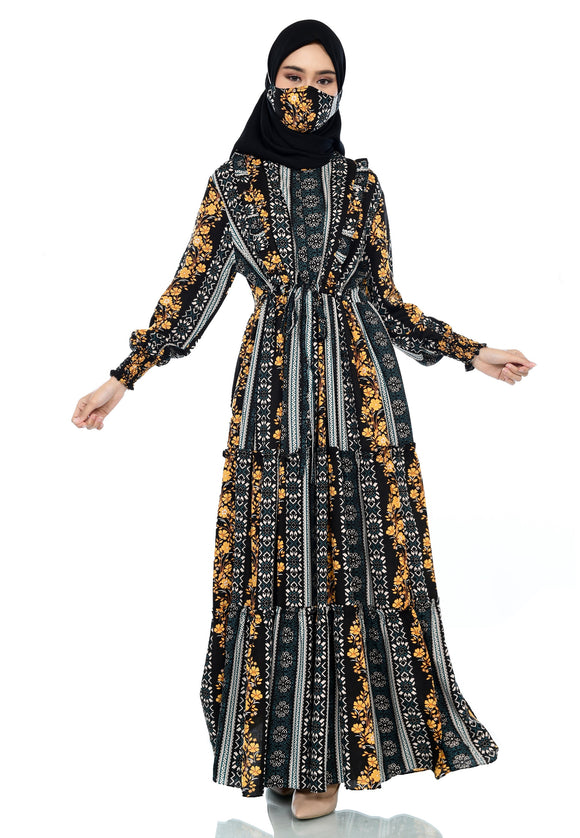 EPC Gamis Homedress Stephanie - Black ( Floral Lemon ) ( FREE Masker )
