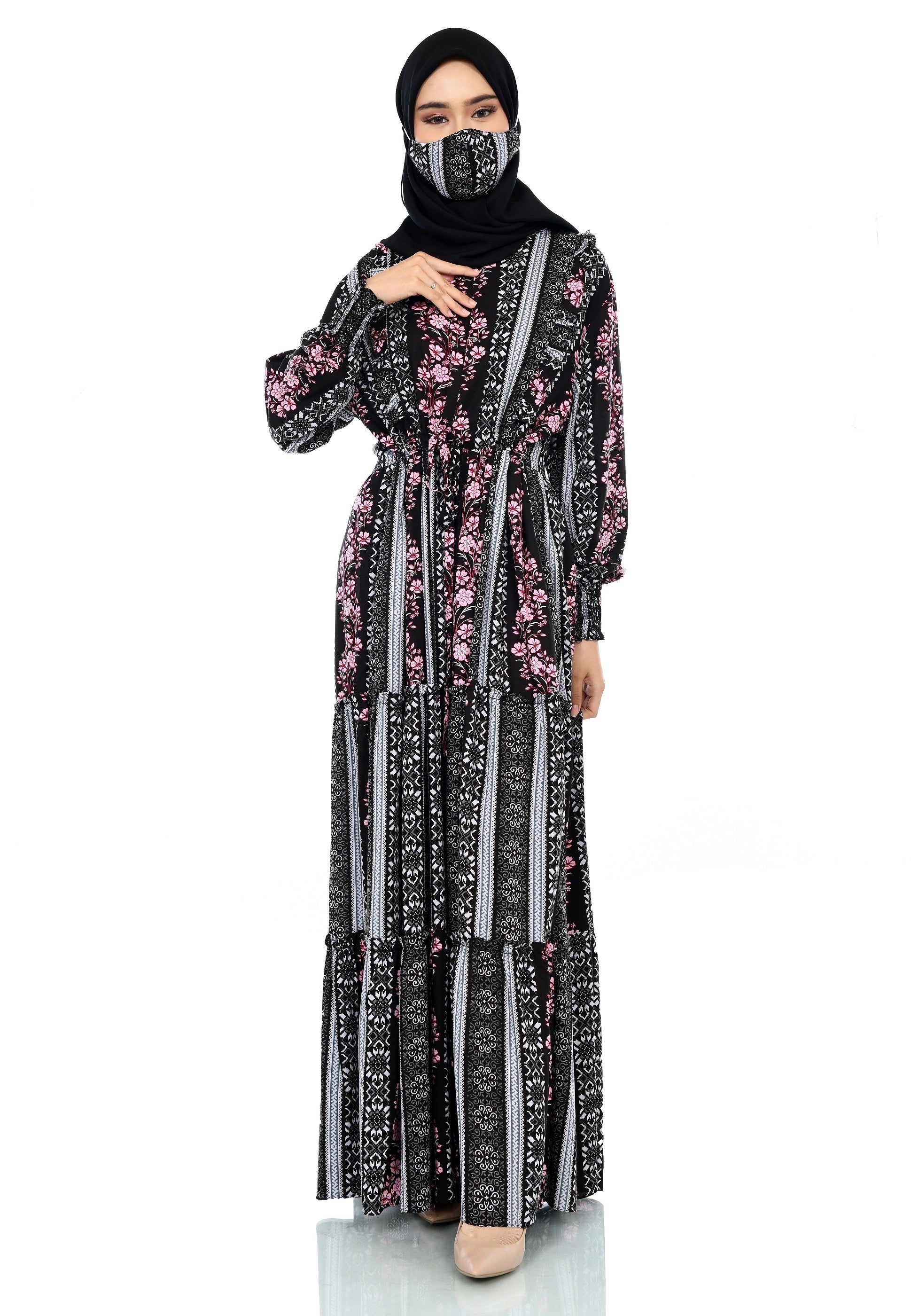 EPC Gamis Homedress Stephanie - Black ( Floral Pink ) ( FREE Masker )