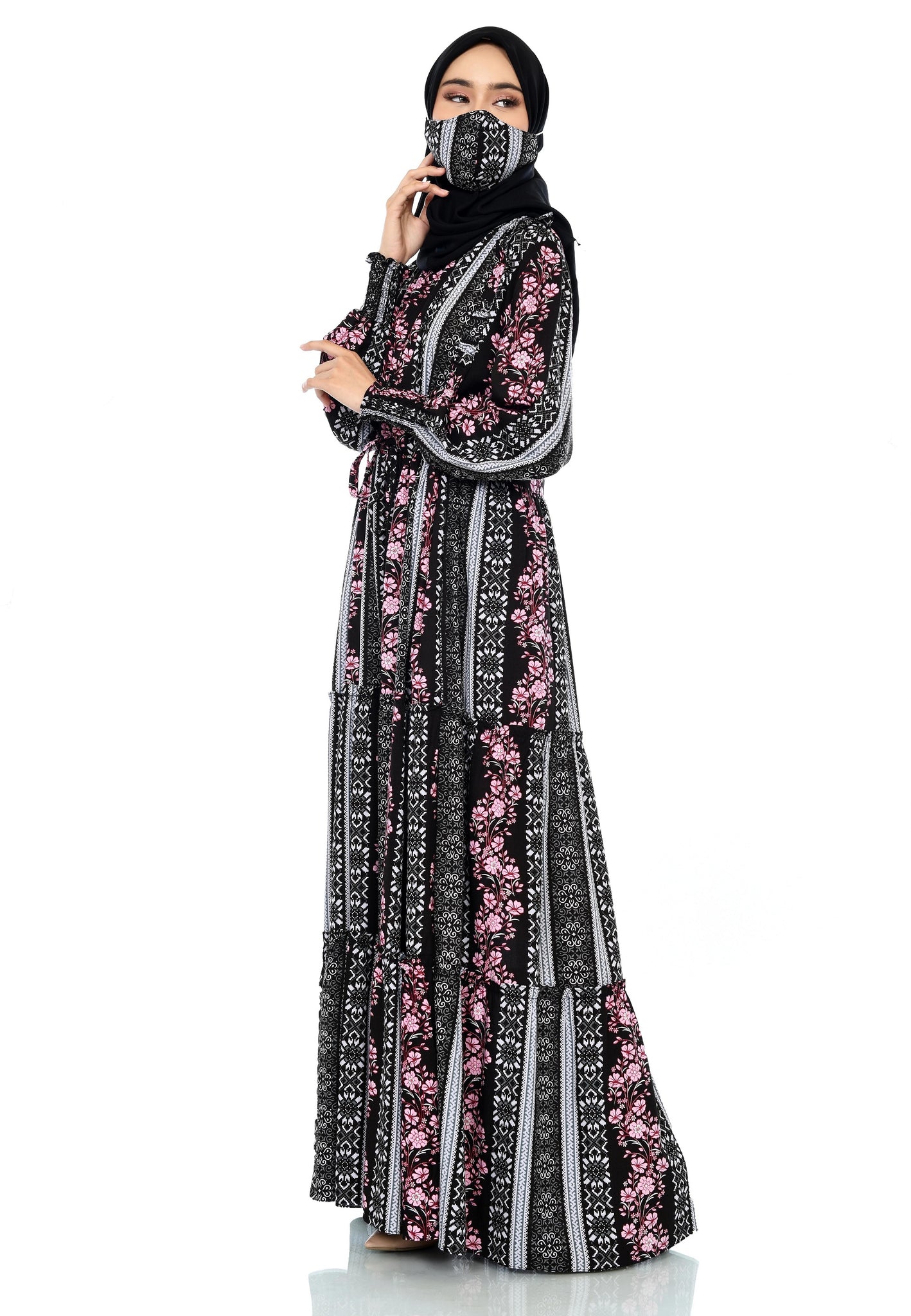EPC Gamis Homedress Stephanie - Black ( Floral Pink ) ( FREE Masker )